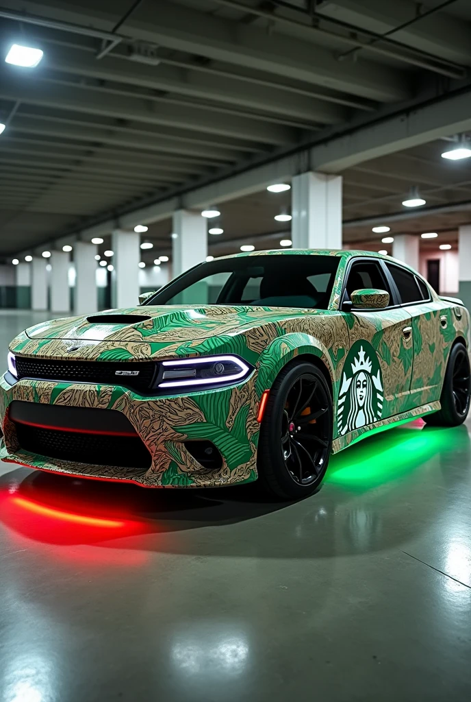 A 2023 dodge charger with a unique starbucks wrap and under glow 