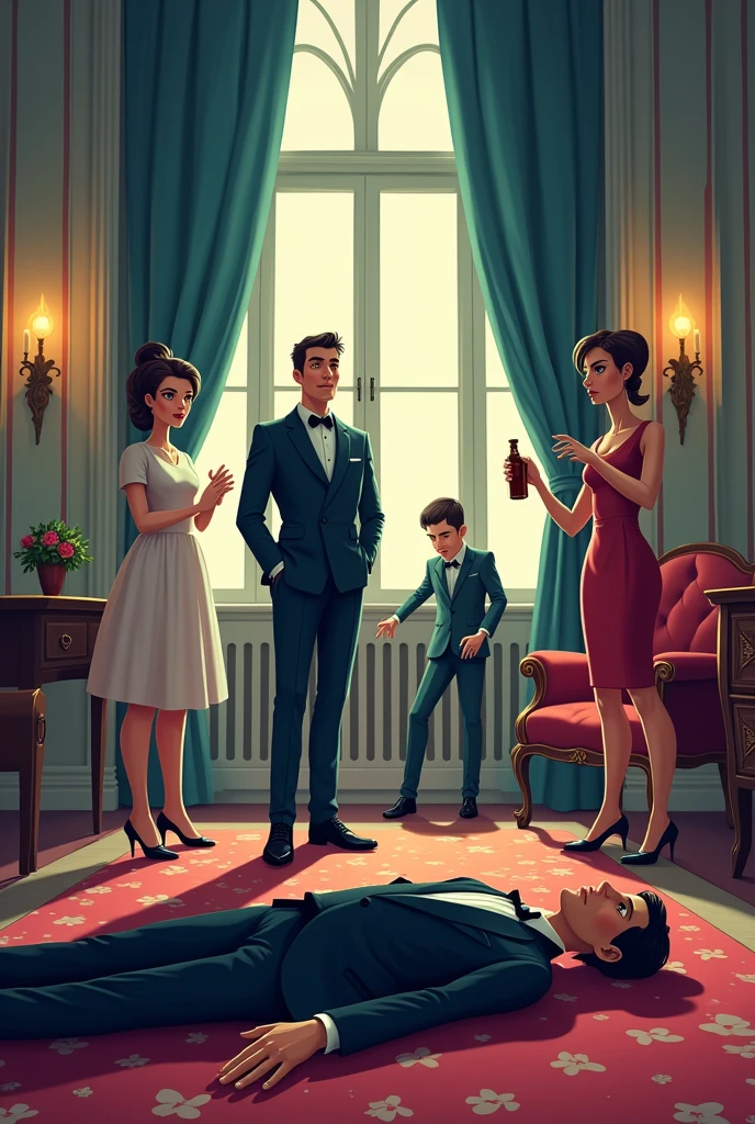 A butler, a cleaning lady and a gardener with a bottle of poison in his pocket and a very elegant man dead on the floor with his eyes closed in his mansion and everyone with a look of suspense. Images of cartoon characters.