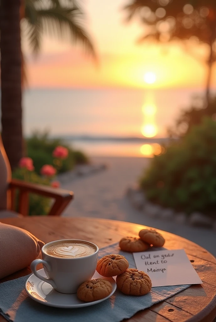 Realistic image of a terrace with a table, a cup of coffee with milk and cookies accompanied by a note that says for Mairyn. In the background a beach with a beautiful sunset