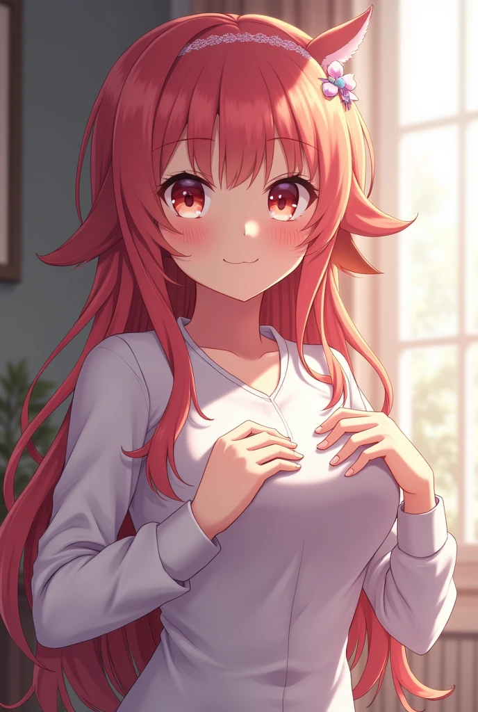 An anime girl touched her breasts