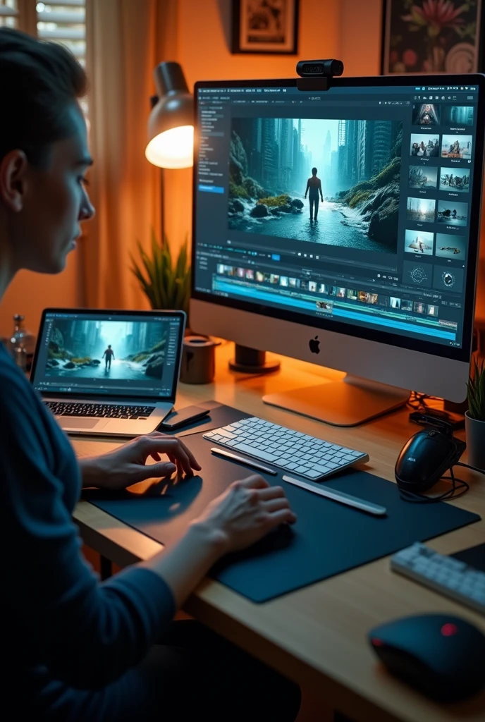 Video Concept: "Editing Workflow: From Raw to Refined"
Transition Flow:
cene: A cluttered desk with editing tools (laptop, mouse, drawing tablet).
Transition: The camera quickly zooms in on the screen, which lights up as the video project opens.
Framing Angle: Overhead shot or medium close-up of the desk.
Lighting: Warm ambient lighting with a focus on the screen. Soft shadows to create a cozy workspace vibe.