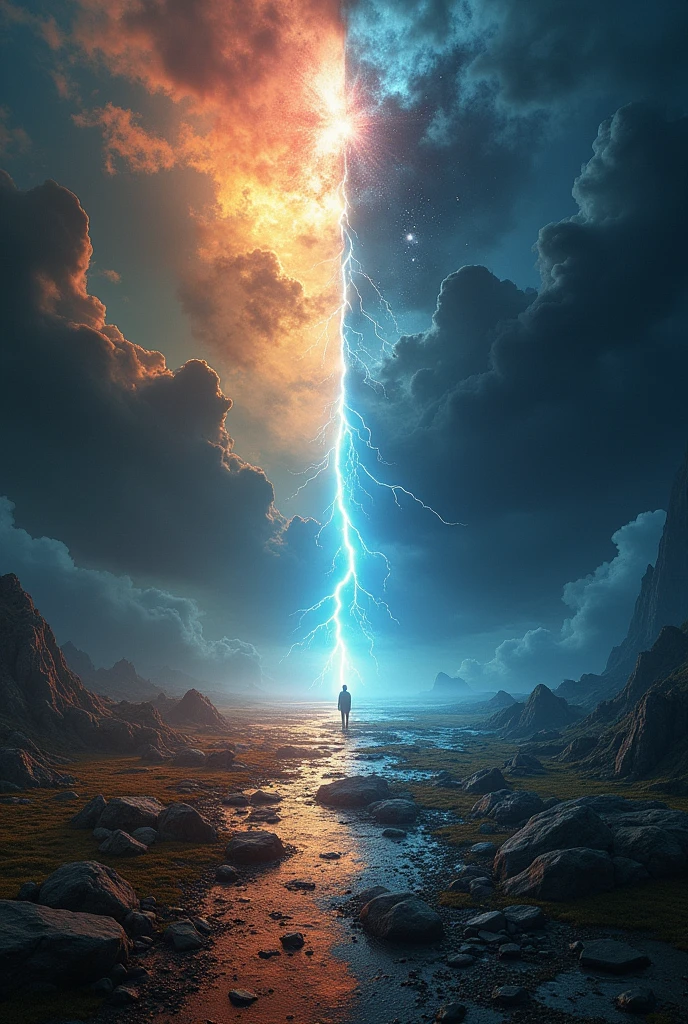 photoillustration of double exposure of split vertically of {two different tones paradox world, 1the good (in bright color), 1the evil( in dark color)},{(transparency effect:0.5), symmetrical vertical cut ((vertical half cut:1.5))seamless split, texture and pattern, ((transparency effect:0.5)), iconic scenery stance, (detailed:1.5) dramatic shadows, dramatic lights, interlacing elements, fantasy art, two tones, two basic_tones, very_long horizons, opposite-opponent digital manipulated photo art, hyper-realistic, ultra-detailed, crisp clarity, high-contrast, luminous ambiance, rich textures, intricate patterns, vivid colors, cinematic lighting} photorealistic, a lightning exact in the middle, accurate dimension proportions.