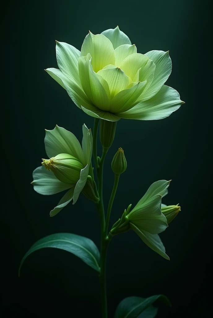 A beautiful flower with a black background that represents the letter "and"green in color, one that is small, another that is prettier, a flower that is blooming