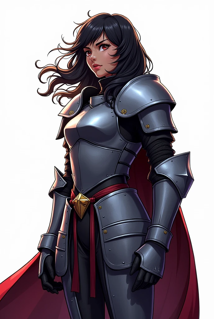 d&d, black female, Loose and wavy hair, heavy medieval armor that covers the entire body, Elsword, two tone lighting, hight contrast, dramatic light and shadow, Dramatic resources, color palette Vibrantes, white background, traditional comic art, cartoon artwork, menos realista, saturated colors, no details, simple comic art, simple medieval armor, no extravagance, heroic pose, gazing at the horizon
