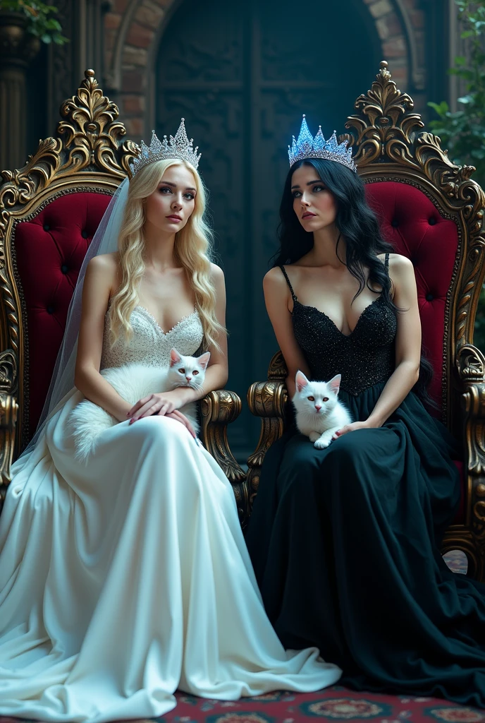(full body shot:1.3) woman in a white dress sitting on a white throne with a sparkling crown, white cat sitting in her lap,an elegant gothic princess, gothic princess portrait, beautiful vampire female queen, crown with pink sparkling cristals gothic regal, dark goth queen with yellow eyes, light blonde long hair, medieval dark fantasy, sitting on white intricate throne, wearing a white gothic dress, beautiful elegant demon queen, lovely white winter princess, a beautiful fantasy empress, beautiful vampire queen. Black cat sitting on her lap. (((Holding hands and sitting site by site))) with a (full body shot:1.3) woman in a black dress sitting on a throne with a crown with blue sparkling cristals , an elegant gothic princess, gothic princess portrait, beautiful vampire female queen, gothic regal, dark goth queen with yellow eyes, black long hair, medieval dark fantasy, sitting on intricate throne, wearing a gothic dress, beautiful elegant demon queen, lovely dark autumn princess, a beautiful fantasy empress, beautiful vampire queen. White cat sitting on her lap. ARRI ALEXA 65, 50mm lens, dynamic lighting