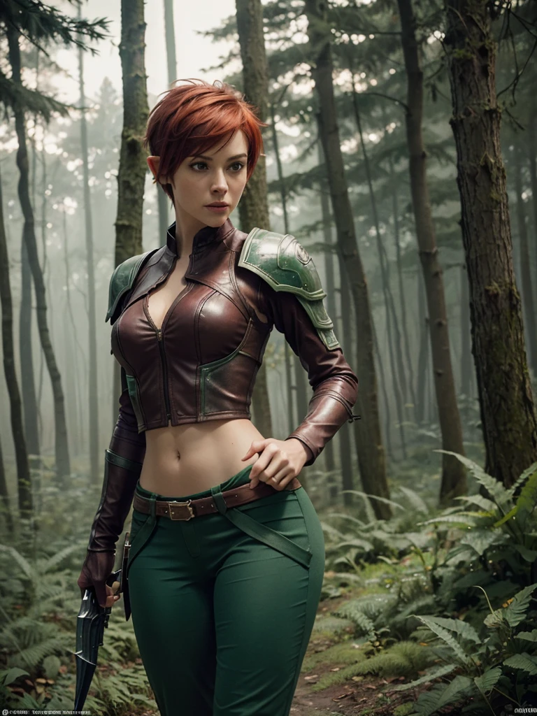 slim feminine figure, redhead, best quality, realistic skin texture, photography, film grain texture and high contrast, extremely high-resolution details, photographic, photorealistic, hyper-realistic, HDR, masterpiece, ((short pixie hair)), dressed up as a night elf hunter from world of warcraft, full green hunter armor, a green lust forest in the background, brown pants