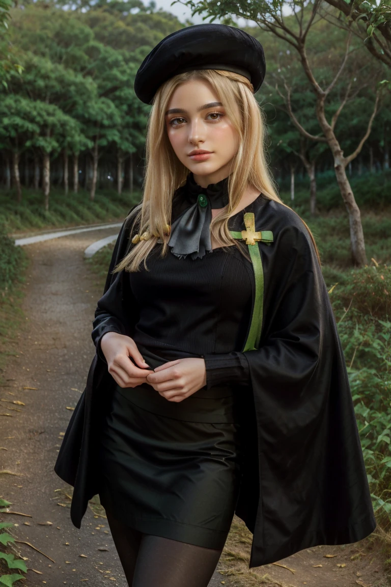 1 girl, best quality, ((Miyo)), tarankaaa, perfect face, beautiful smile, 30 years old, ((ascot,uniform, black skirt, cross, ribbon, gold blonde hair, emerald, beret, cape, pantyhose)), ((perfectly drawn hands)), perfect body, bare tree, bush, fog, forest, grass, nature, outdoors, plant, scenery, solo, standing, tree, 32k photograph, ((perfect eyes, detailed eyes,realistic eyes)), ((sharp face, detailed face, realistic face, natural skin, realistic skin, detailed skin, pores)), full body, tone mapping, asian-european, ((masterpiece)), ((highres)), ((detailed background)), japanese village background, night, big proportions, (abdomen is covered)