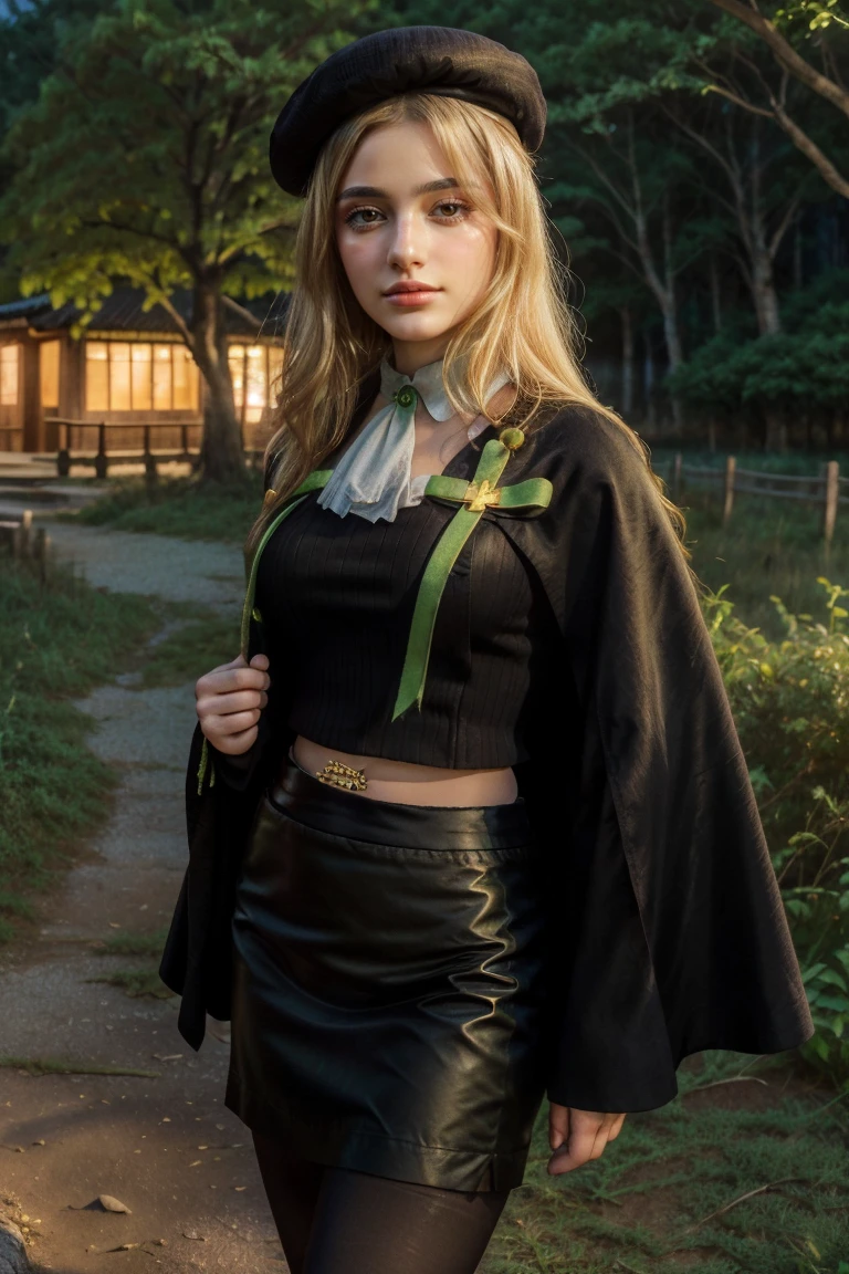 1 girl, best quality, ((Miyo)), tarankaaa, perfect face, beautiful smile, 30 years old, ((ascot,uniform, black skirt, cross, ribbon, gold blonde hair, emerald, beret, cape, pantyhose)), ((perfectly drawn hands)), perfect body, bare tree, bush, fog, forest, grass, nature, outdoors, plant, scenery, solo, standing, tree, 32k photograph, ((perfect eyes, detailed eyes,realistic eyes)), ((sharp face, detailed face, realistic face, natural skin, realistic skin, detailed skin, pores)), full body, tone mapping, asian-european, ((masterpiece)), ((highres)), ((detailed background)), japanese village background, night, big proportions, (abdomen is covered)