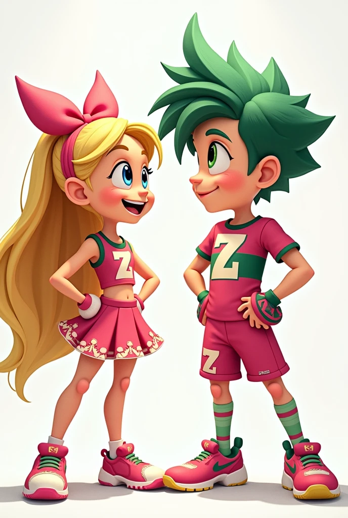 The image shows two animated characters, the character on the left is a girl, she wears pink and green cheerleader-type clothes, she has long blonde hair with a pink ribbon, and her blue eyes. The character on the right is a boy, he wears pink and green sports clothing, in the center of his sports shirt he has the letter Z, he wears sports gloves, he has green hair combed up, his eyes are dark and shadows are on his eyelids. red in color. They are both posing for the photo, smiling and looking at each other.