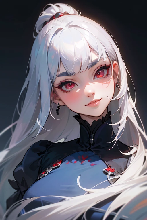 (Highest quality, masterpiece:1.2), High resolution, The highest masterpiece、Very detailed, Realistic:1.37, Fantasy, An illustration,Gray Hair、 Red eyes、Queen, Navy and blue dress、beautifully、Eyeshadow Red、Thick eyebrows、Long eyelashes、pupils are black、shiny on the lips、Top Sites、Queen、PRİNCESS、A kind smile、Soft impression、people々々Loved by、Slimming the face、Shoulder Bare、ponytail、Kissing Face、Long white hair、Shaggy Bangs、(Save face image).(Gothicta)、(A kind smile)、(Background white)、(パールのネックレス).
