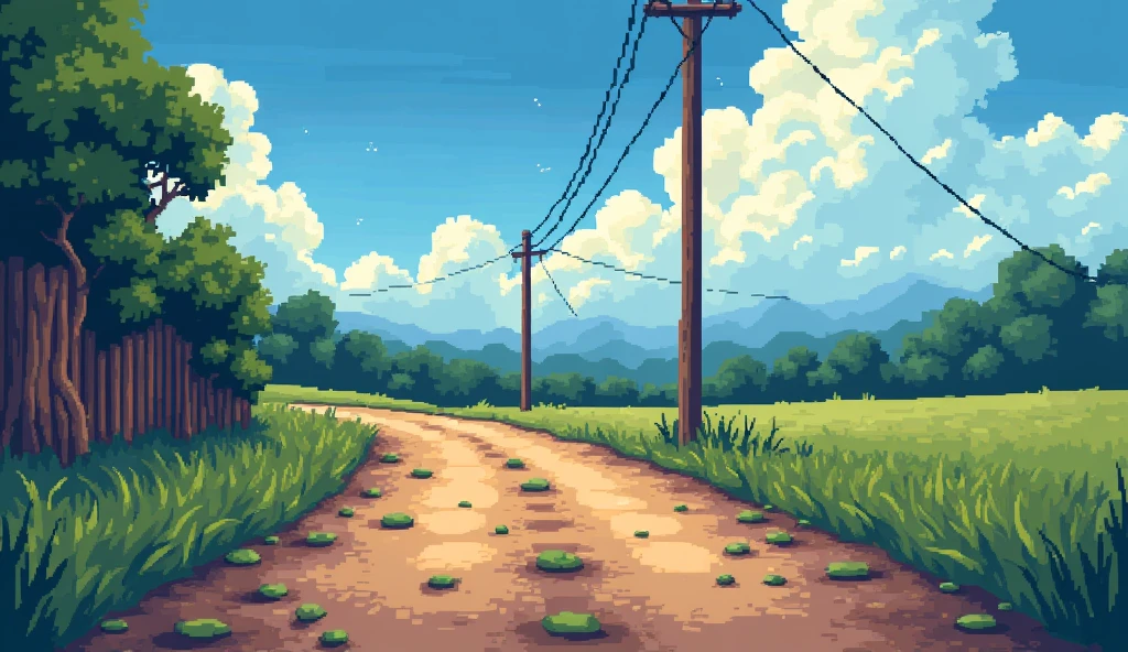 Create an 8-bit pixel art image with a very low-quality dot graphics style, similar to retro RPG game graphics. The scene shows a side view of a dirt country road, with close-up details of scattered leaves and patches of grass along the edges. The road is depicted in earthy brown tones, while the grass and leaves are in varying shades of green. The background features a blue dawn sky with large, blocky clouds and faint starlight, giving the scene a nostalgic, early morning feel.