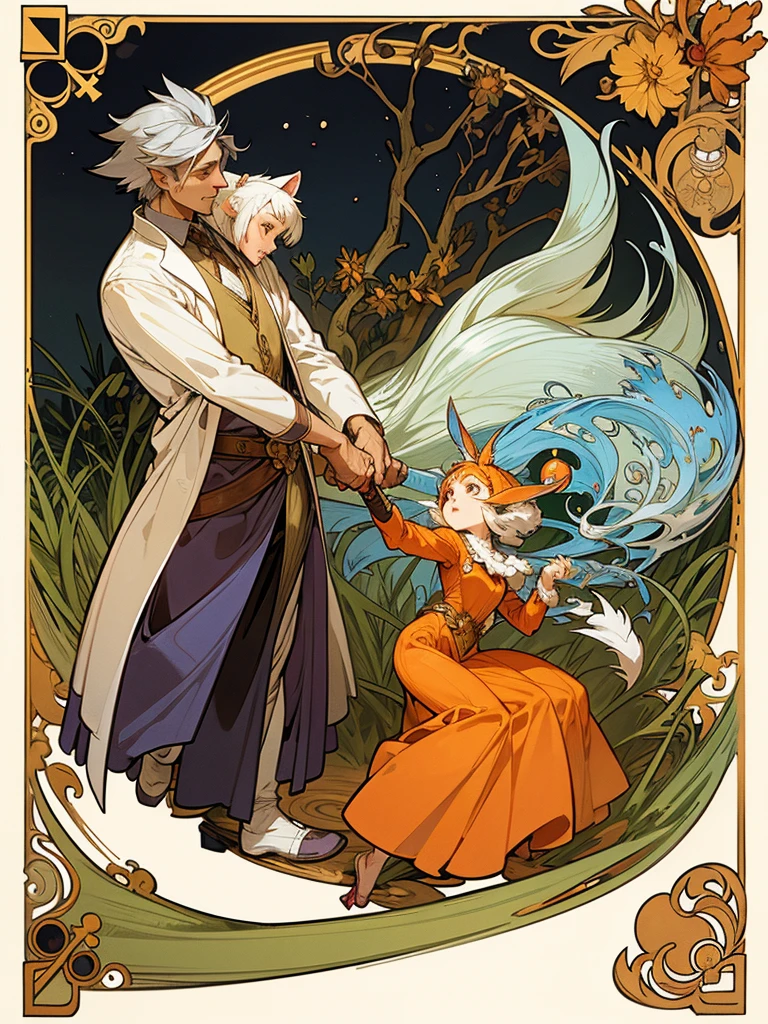 Mucha style , furry , Adventure fantasy, the magician old silver wolf , with the droopy-eared swordsman orange rabbit girl , The Swordsman supports the Magician while he is casting a spell.