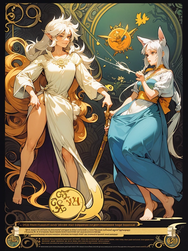 Mucha style , furry , Adventure fantasy, the magician old silver wolf , with the droopy-eared swordsman orange rabbit girl , The Swordsman supports the Magician while he is casting a spell.