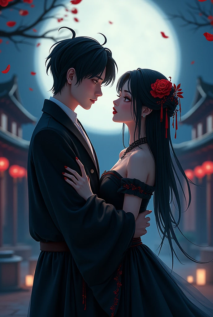 1 woman, 1 man, black hair, red lips , gorgeous, black garment, moonlight, Chinese 2d animation,ultra high resolution, 8k,