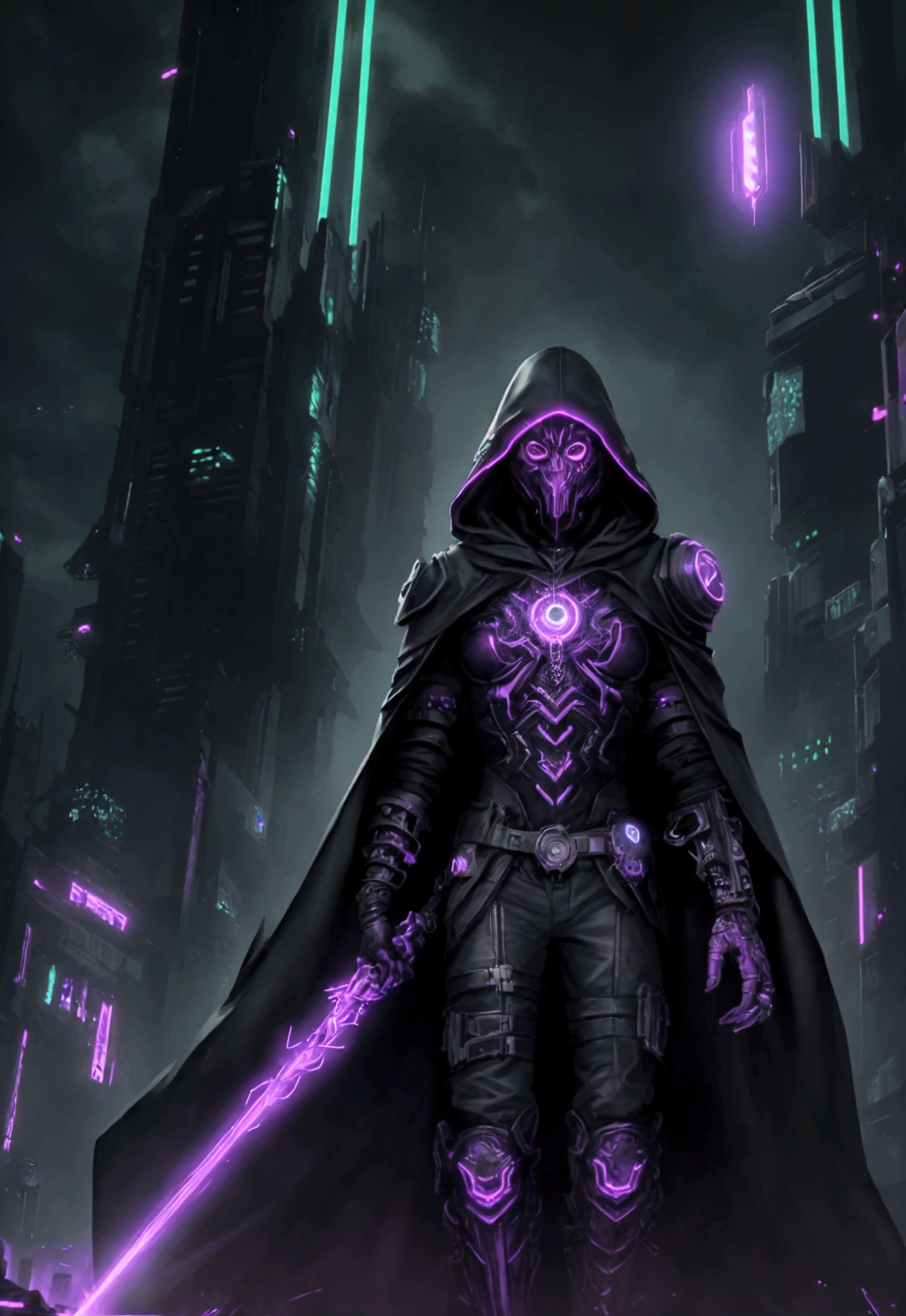 A striking 3D render of a dark fantasy cybersecurity scene, featuring a mysterious figure wearing a hooded cloak and a futuristic, cyberpunk-inspired helmet. The figure is surrounded by glowing purple and green lines of code, symbolizing their cybersecurity prowess. The background is a grim, dystopian cityscape with neon lights and towering skyscrapers, casting an eerie atmosphere. The overall composition exudes a blend of cyberpunk and dark fantasy elements, with a touch of futuristic realism.