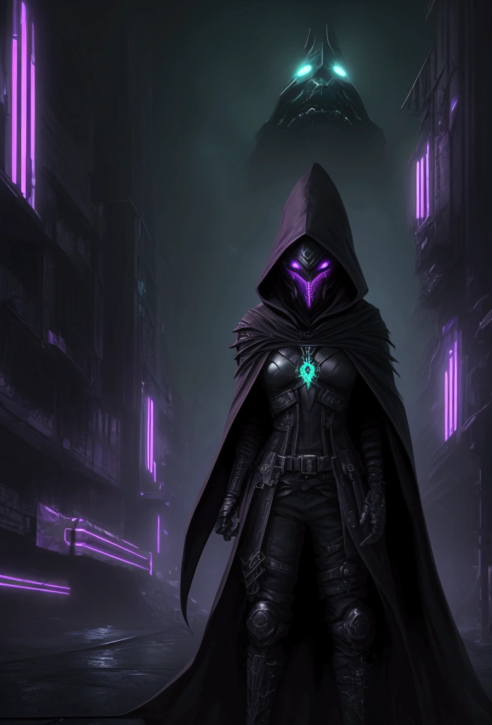 A striking 3D render of a dark fantasy cybersecurity scene, featuring a mysterious figure wearing a hooded cloak and a futuristic, cyberpunk-inspired helmet. The figure is surrounded by glowing purple and green lines of code, symbolizing their cybersecurity prowess. The background is a grim, dystopian cityscape with neon lights and towering skyscrapers, casting an eerie atmosphere. The overall composition exudes a blend of cyberpunk and dark fantasy elements, with a touch of futuristic realism.