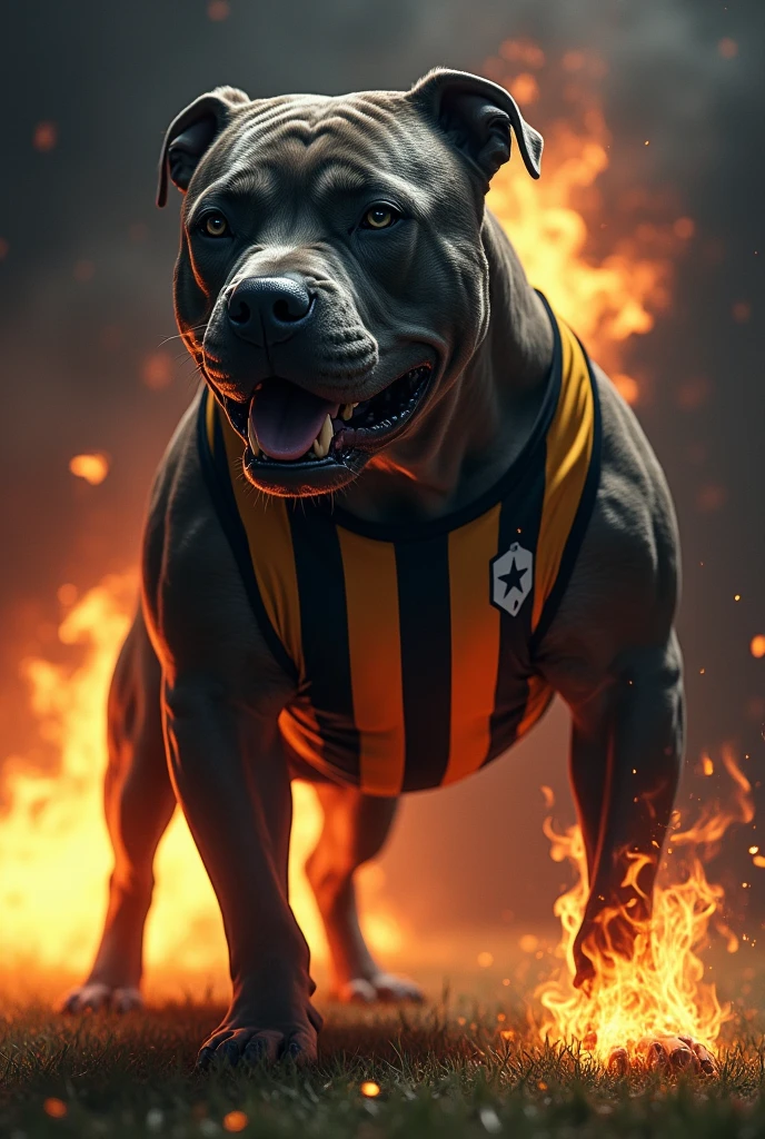 A large dark gray pitbull dog, very strong, standing as if he were human, stark, Jumpy face, snarling, showing teeth, Jumpy, around one of the dogs'.Fire comes out of the dog'The dog's left paw. No fundo, Flames of fire come out from behind the dog. The dog wears a black and gold shirt with small red details on the right chest a gold star with a black outline. Background of a football field at night , Void, grimdark.