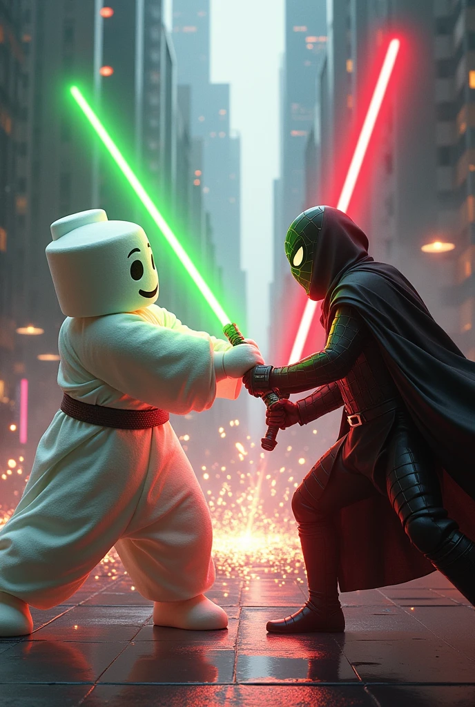 DJ Marshmallow Jedi with Green Saber vs Spiderman Sith with Red Saber