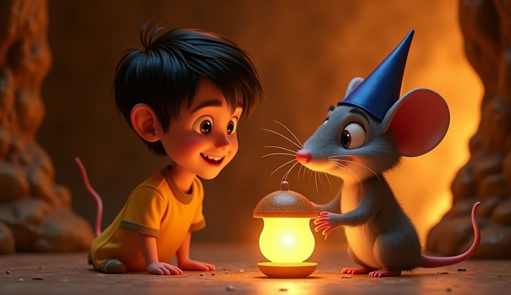 Show Remy, the smal ((mouse)) with the blue hat, holding the magical nut proudly, while Léo ((the boy)), in his yellow shirt, looks on with excitement. The cave interior is warm and glowing, highlighting the preciousness of the nut and the joy of the moment