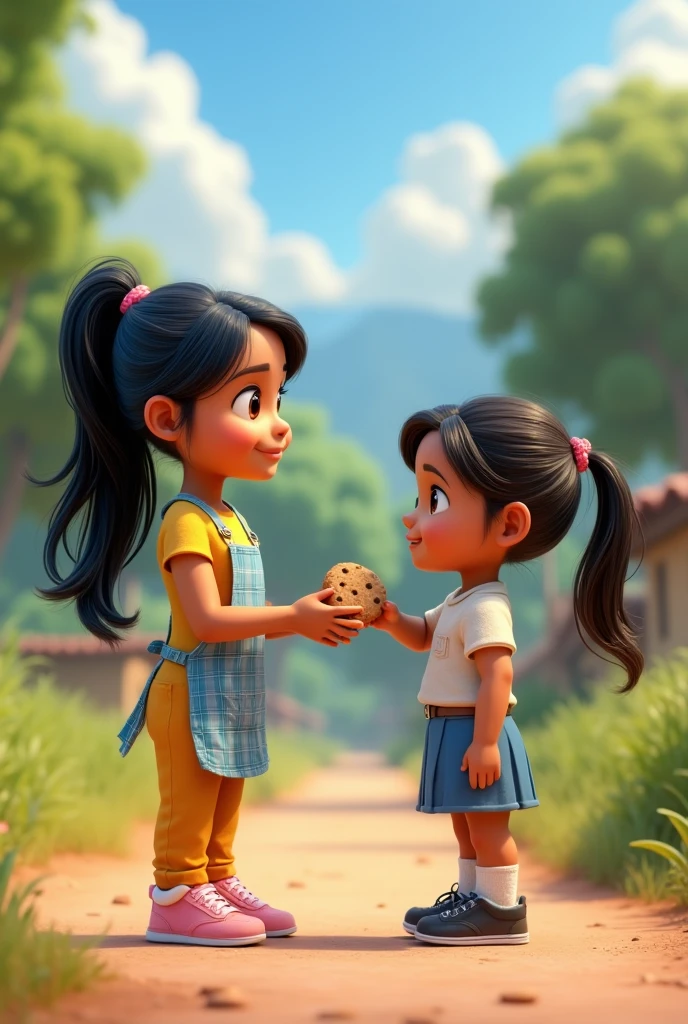 side view of a ((masterpiece, best quality)), award winning, 4k, 8k, 3d pixar animation character, visible face, (one 2 woman NAMED BRISA), portrait, beautiful, cute, yellow shirt, yellow pants, light long blue apron, pink sneakers, long plaid blue hair, light tan skin, brown eyes, ((Perfect Hands)), UHD, 8K, SHE IS GIVING a cookie to a who is dressed with white short leeves shirt, a blue skirt, white sox, and black shoes, , BACKGROUND IS: ((masterpiece, best quality)),3d illustration of countryside el salvador, her hight is about 1.70mts, the ´s HIGHT IS 1.30mts
