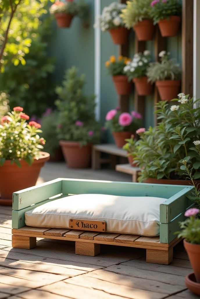Create an image of a cozy outdoor pallet dog bed. The bed should be made from a wooden pallet, painted in a soft pastel color, with a comfortable cushion inside. Add a personalized nameplate on the front of the bed with a dog’s name engraved on it. The bed is placed on a wooden deck surrounded by potted plants and flowers, creating a warm, inviting atmosphere. The setting is in a garden during a sunny day, with soft light illuminating the bed, emphasizing the natural texture of the wood and the vibrant colors of the flowers.