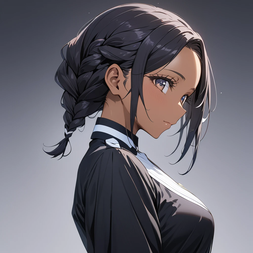 ((Highest quality)), ((masterpiece)), (detailed), (Perfect Face)、The woman is Reika Aoki, a black woman with dark skin, medium-long hair, which she braids into small braids and wears slicked back.