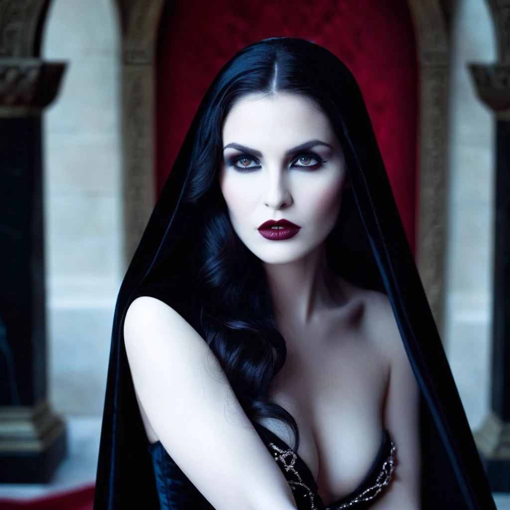 Midnight darkness envelops the ornate coffin, its black lacquer glistening like polished onyx. The Countess's face, once radiant with life, now appears serenely tranquil, her features frozen in an eternal slumber. Her raven tresses cascade down the sides of the coffin like a velvet waterfall, framing her pale complexion and striking red lips that subtly curve upward, revealing two razor-sharp fangs. The cold, unyielding marble beneath her body seems to absorb the faint luminescence emanating from the candelabras, casting an eerie glow on the scene., Gothic horror, vampiress, The erotic sleeping pose of a vampiress who is captivating even when she bares her fangs, professional, vivid colors, perfect anatomy, ideal facial features, ideally proportioned figure, perfectly beautiful body, super detailed skin, glossy skin, glistening skin, fresh white skin, Glamor, soft and curvy, body conscious, (indoors, The burial chamber of an ancient castle, a luxurious coffin lined with crimson velvet carpet), lying, upper body shot, Straight-on shot, Portrait, black long hair, Forehead, arched eyebrows, double eyelids, Closed eyes, Eyelashes, nose, nostrils, full lips, dark lipstick, glossy lips, (A slightly open whispering mouth, teeth, vampire fangs), neck, collarbone, deep cleavage, Upper breast swelling, Gigantic Breasts, shallow depth of field, entirety of sharp focus, vignette, highly detailed, high budget, bokeh, cinemascope, moody, epic, gorgeous, film grain, grainy, masterpiece, incredibly absurd resolution, absolutely resolution, ultra high resolution, Vampire Fangs,