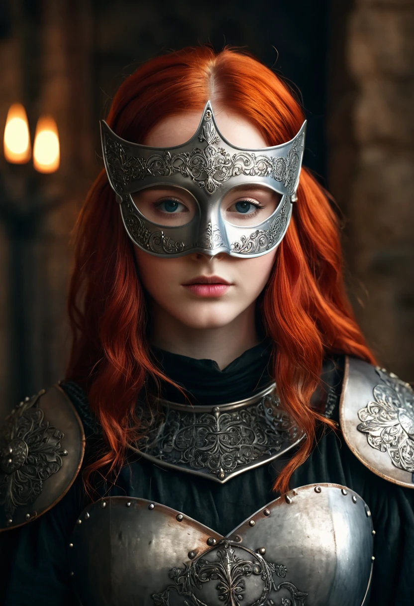 a beautiful young queen with scarlet red hair, fair skin, clear eyes, wearing an iron mask, from the kingdom of Hommeria, long take, static and symmetrical framing, medieval film filter, low and closed angle, close up, indirect and diffuse lights, medieval setting, fairy tale film scene, photo-realistic, dark fantasy illustration, cinematic