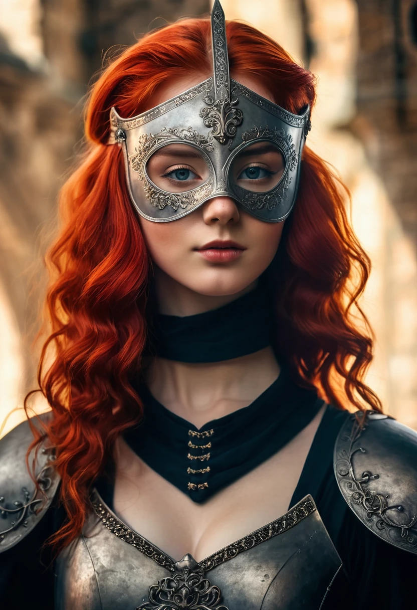 a beautiful young queen with scarlet red hair, fair skin, clear eyes, wearing an iron mask, from the kingdom of Hommeria, long take, static and symmetrical framing, medieval film filter, low and closed angle, close up, indirect and diffuse lights, medieval setting, fairy tale film scene, photo-realistic, dark fantasy illustration, cinematic