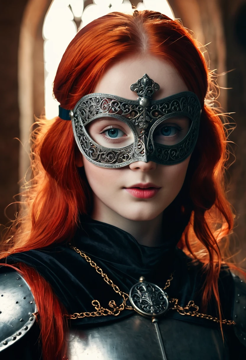 a beautiful young queen with scarlet red hair, fair skin, clear eyes, wearing an iron mask, from the kingdom of Hommeria, long take, static and symmetrical framing, medieval film filter, low and closed angle, close up, indirect and diffuse lights, medieval setting, fairy tale film scene, photo-realistic, dark fantasy illustration, cinematic