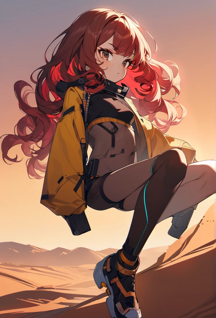 A woman, 2, red hair, curly hair,((( very brown eyes))), cyberpunk outfit, desert background, freckles, small breast, legs