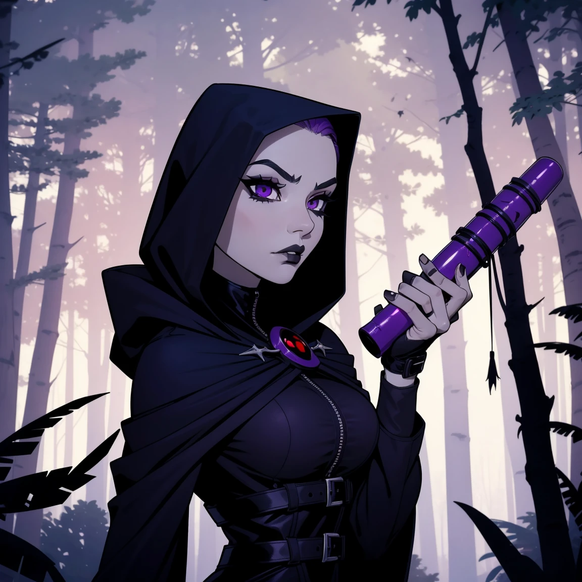 crow,  of titanium, with a hood, Goth girl, autumn forest background, detailed, detailed, detailed, Beautiful, detail, Goth girl, masterpiece, Purple clothes, central head of red gemstone, dark night background, Gothic, Goth, Goth, detailed, Goth girl, piercing, detailed face, Futanari Girl, rides a dildo, rider pose cums,