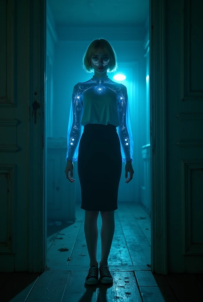(photorealism:1.2), beautiful woman, swedish, blonde,sad, pensive, assistant, pencil skirt, 18yo, haunted house, glowing blue eyes, wooden floor, blue lighting, hologram, projection,looking at camera, short hair, glowing blue light from under skirt