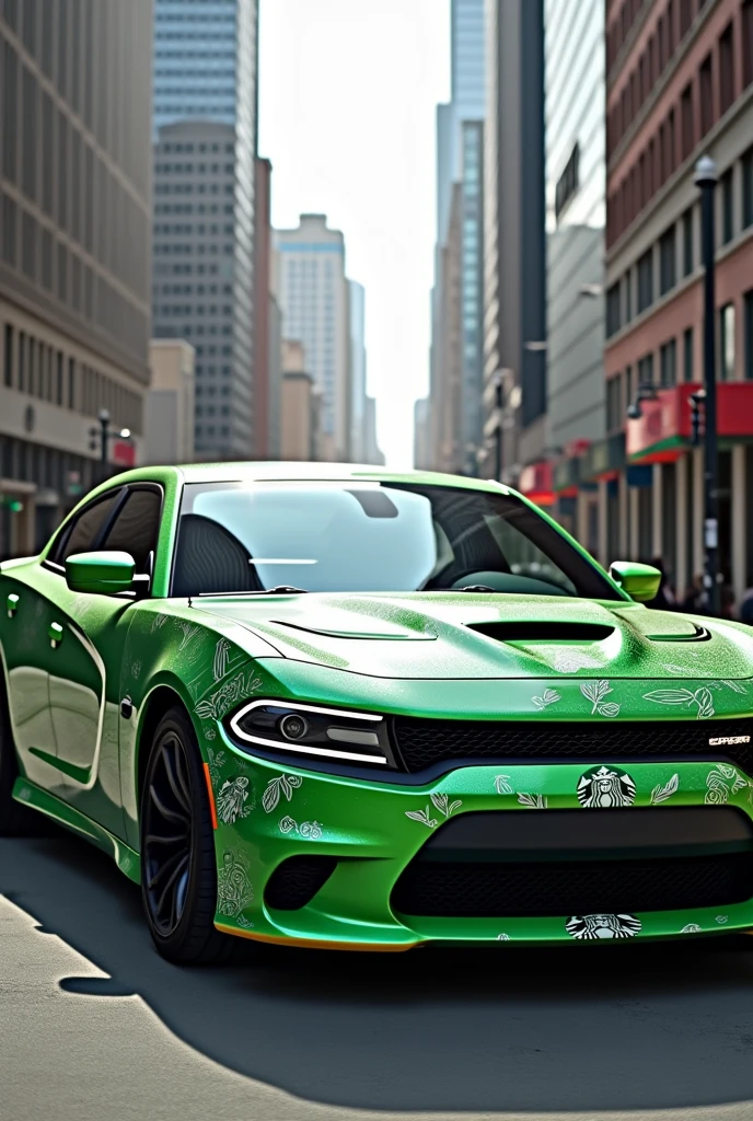 A 2023 dodge charger with a unique starbucks wrap and a shiny green color