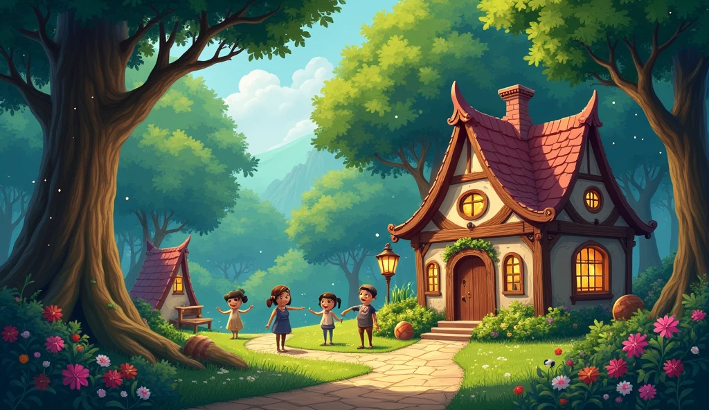 In the heart of an enchanted forest, there was a small village where the inhabitants lived joyfully, sharing their food and basking in a magical atmosphere. The village was surrounded by lush, vibrant trees with sparkling leaves, and the cottages were quaint and charming, adorned with whimsical flowers and glowing lanterns. Recently, however, a strange occurrence began: food mysteriously disappearing from the villagers' homes. The scene should capture the enchanting beauty of the village and hint at the mysterious events unfolding. Illustrate the magical, lively essence of the village and the subtle, intriguing hints of the missing food, blending wonder and curiosity.