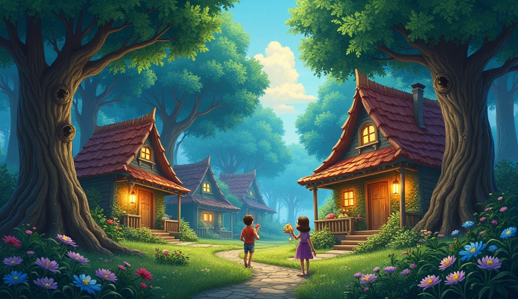 In the heart of an enchanted forest, there was a small village where the inhabitants lived joyfully, sharing their food and basking in a magical atmosphere. The village was surrounded by lush, vibrant trees with sparkling leaves, and the cottages were quaint and charming, adorned with whimsical flowers and glowing lanterns. Recently, however, a strange occurrence began: food mysteriously disappearing from the villagers' homes. The scene should capture the enchanting beauty of the village and hint at the mysterious events unfolding. Illustrate the magical, lively essence of the village and the subtle, intriguing hints of the missing food, blending wonder and curiosity.