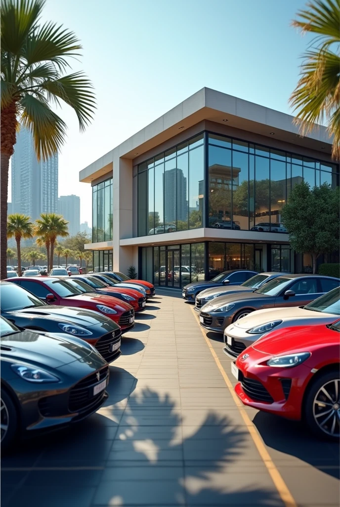 portrait artistic photo of a very fashionist multibrand cars dealership , lot of new model traded cars beside the office