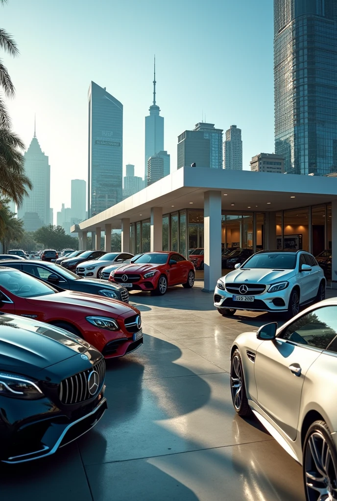 portrait artistic photo of a very fashionist multibrand cars dealership , lot of new model traded cars beside the office