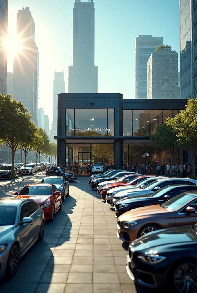 portrait artistic photo of a very fashionist multibrand cars  dealership ,  lot of new model traded cars beside the office