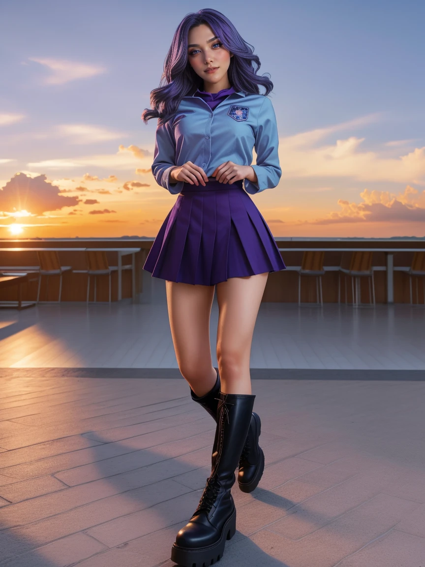 (1 lady), The beautiful, (Top Quality at its finest:1.4), (ultra - detailed), (extremely detailed CG unified 16k), ((masterpiece)), ((best quality)), ((highres)), ((detailed background)), solo, gym woman body, natural lighting, sunset, Bethcast, (ichinose kotomi, amazingly attractive, perfect body), clannad uniform, blue skirt, black socks, hair ornaments, RAW UHD 8k photography, 1girl blueish purple hair, library background, hyper realistic, realistic cinematic face, head to feet long wide zoomed out view, full body long view, photorealistic, gorgeous, extremely beautiful face, perfect model beauty, (amazing legs, strong legs, athletic legs), combat boots, clear and well-cared skin