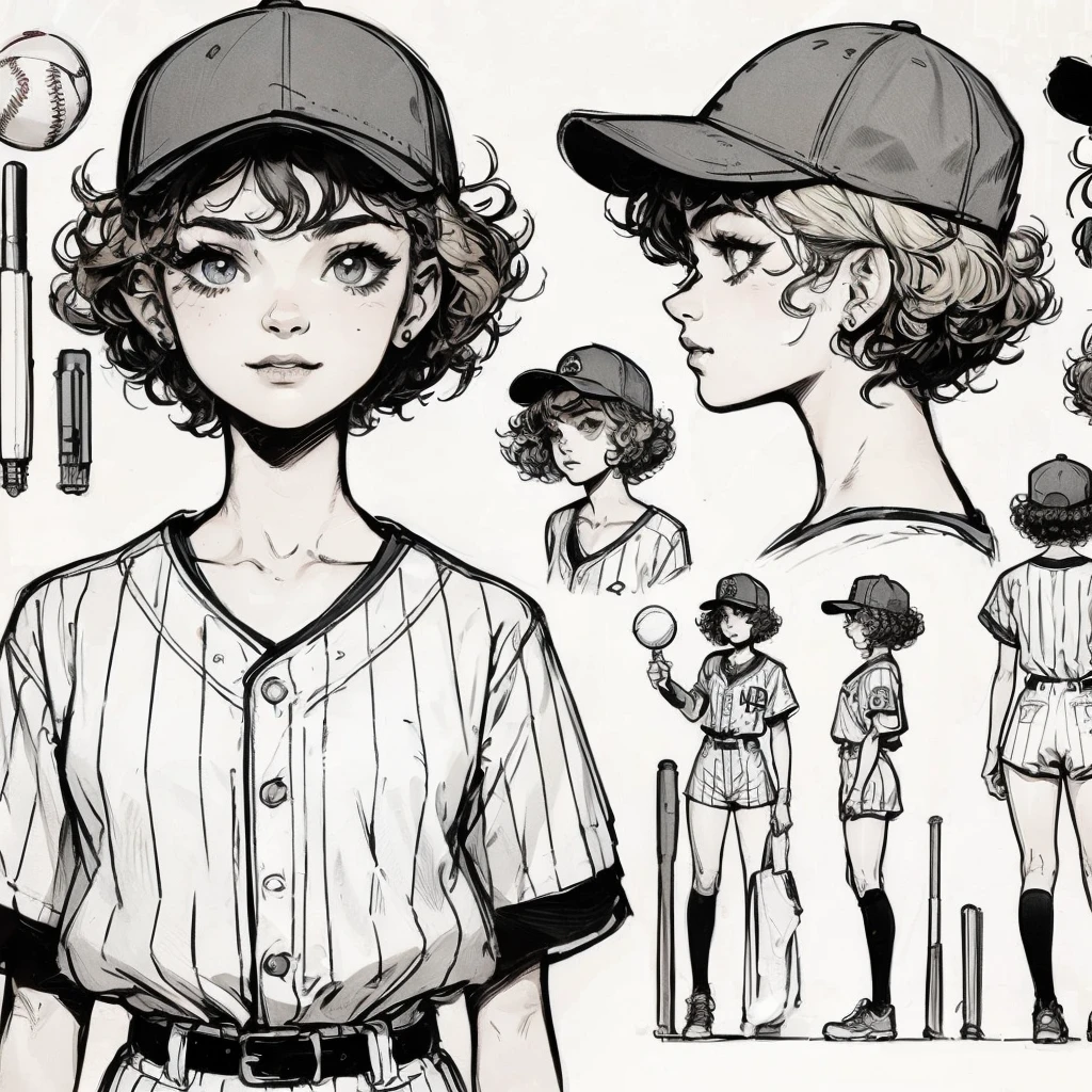 character design, 1 young girl dressed in baseball uniform with baseball cap, short curly hair, character sheet, Conceptual art, different poses, good proportions, detailed, complete bodies, 2d, Line art, sketch, character sheet, 2k, multiple poses and expressions