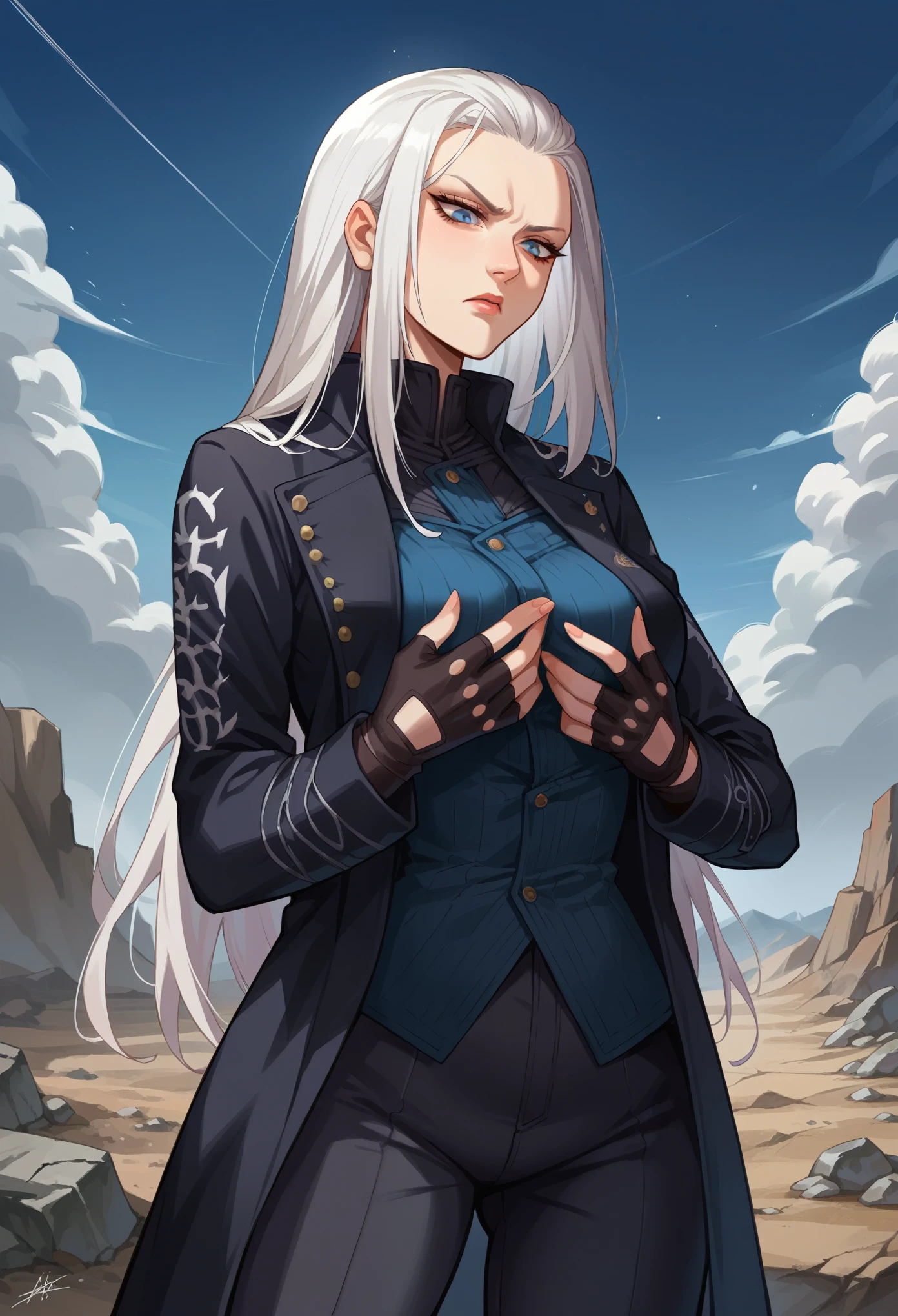 score_9, score_8_up, score_7_up, source_anime, 1girl, solo, female focus, dmc5vergil, white hair, long hair, medium breasts,blue eyes, black coat, fingerless gloves, pants, grabbing own breasts, standing, serious, looking down, wasteland, gray landscape, desolated, gray plain,