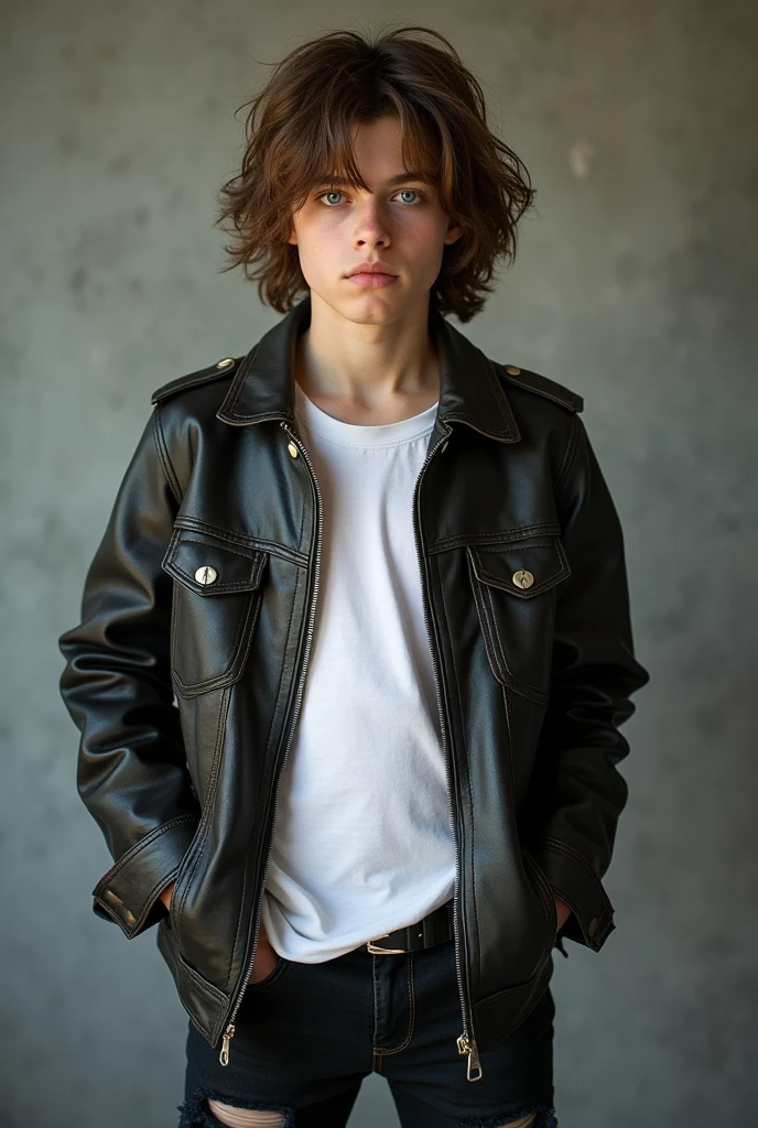 Photograph of a boy, with a confident expression and a cool style of "bad boy". He has long brown hair, smooth and messy that falls to the shoulders. His eyes are an intense, piercing blue, giving him a mysterious look. He wears a worn black leather jacket, a white t-shirt underneath, dark ripped jeans and black combat boots.