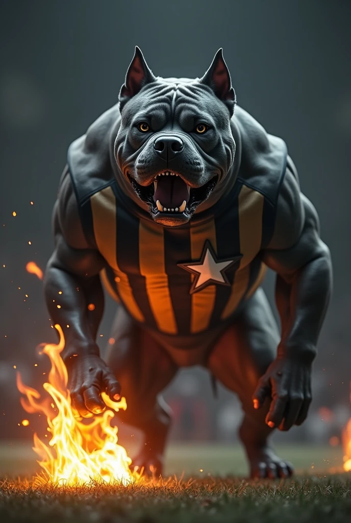 A large dark gray pitbull dog, very strong, standing as if he were human, brawny, very angry, around one of the dog's eyes a white star is tattooed. Fire comes out of one of the dog's paws. Flames of fire come out from behind the dog. The dog wears a shirt with alternating vertical black and white stripes and on the chest a white star outlined in black. Background of a football field at night , Void, grimdark.