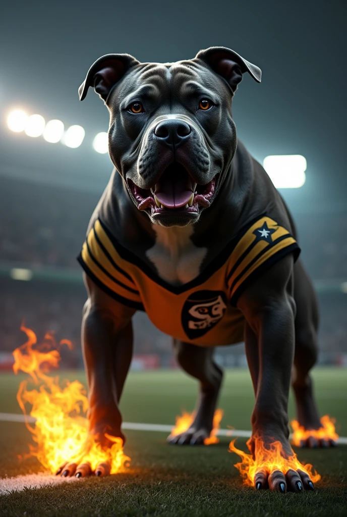 A large dark gray pitbull dog, very strong, standing as if he were human, stark, Jumpy face, snarling, showing teeth, Jumpy, around one of the dogs'the eyes a white star is tattooed. Fire comes out of the dog'The dog's left paw. No fundo, Flames of fire come out from behind the dog. The dog wears a shirt with alternating black and gold vertical stripes and on the right chest a white star with a black outline. Background of a football field at night , Void, grimdark.