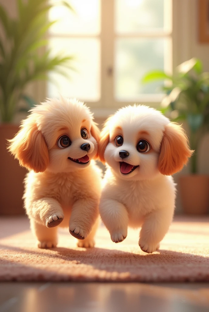 Two cute dogs playing in a comfortable environment, cageless, with lilac led saying cuteness