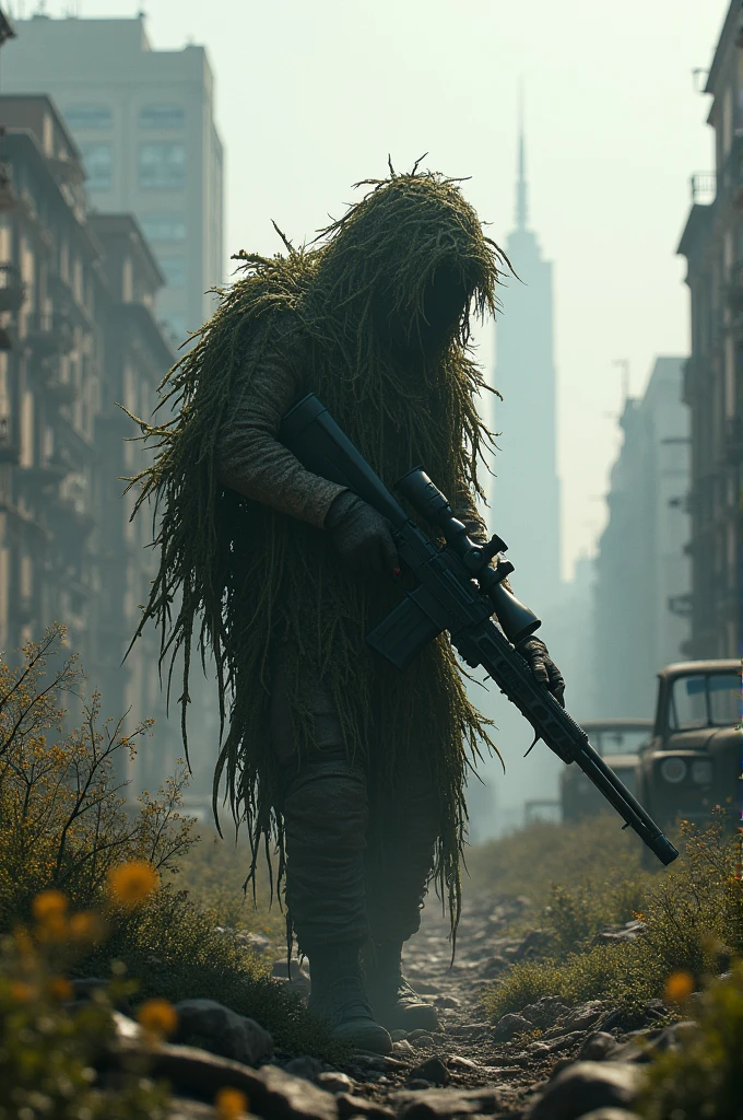 Image of a sniper in ghillie camouflage heading towards a post-apocalyptic city