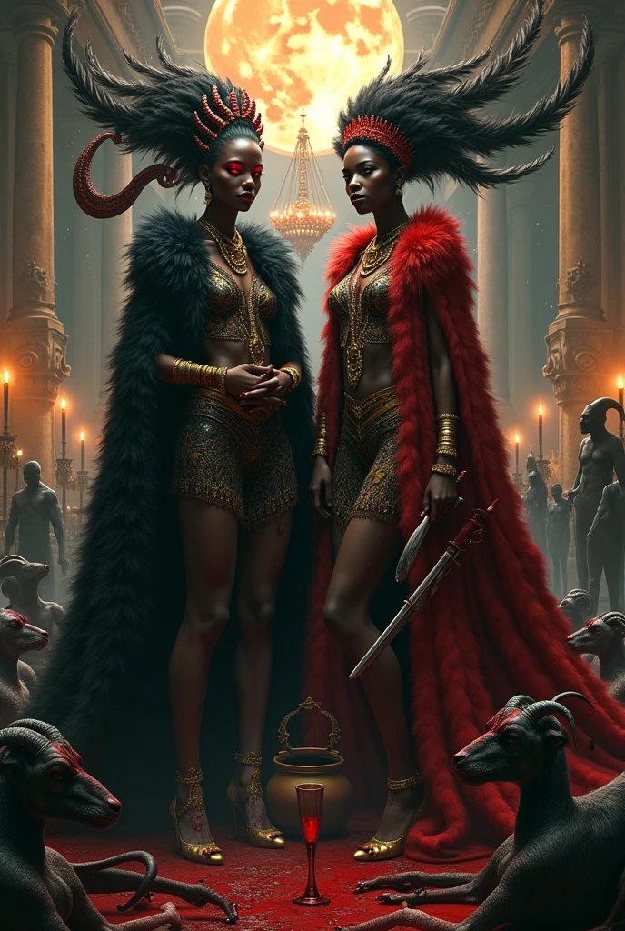 (photorealism:1.2), 2 beautiful african woman, goddess queen hell, Chandeliers. candles, long wavy fur, wind. risa , hair curlers, funny macabre, evil, blood on hands. Cigarettes, glass of champagne, cauldron, Red eyes. corona, black feathers, Skins, black goat, dead men, spirits, cemetery, red cape, shoulder pads,  naked, trident, Knives, men watching, rose, naked naked woman, african , illuminated, mucho wind fuerte , keys, jewelry, full moon 