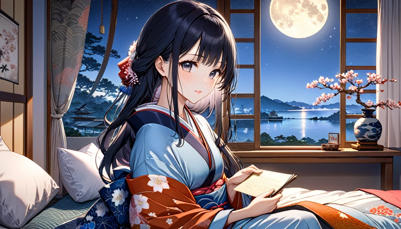 anime, A beautiful young Japanese woman with long black hair, soft moonlight illuminating her face, The background has a summery atmosphere, cozy bedroom setting, romantic and tranquil atmosphere, photorealistic, Highly detailed Ukiyo-e, Japanese painting, woodblock print, anime, manga, comics, figure, Beautiful woman, Wearing colorful open-necked kimonos, 窓からnight空,Staring dreamily at a love letter、The soft moonlight illuminates her face、Cozy bedroom setting、Romantic and tranquil atmosphere、Photorealistic、Very detailed,night