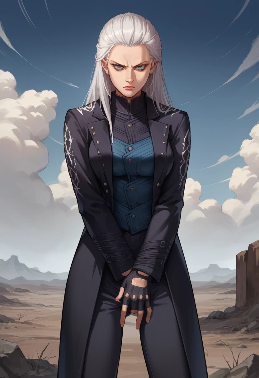 score_9, score_8_up, score_7_up, source_anime, 1girl, solo, female focus, dmc5vergil, white hair, long hair, medium breasts,blue eyes, black coat, fingerless gloves, pants, hands on breasts, standing, serious, looking down, wasteland, gray landscape, desolated, gray plain,